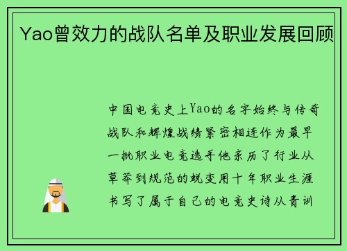Yao曾效力的战队名单及职业发展回顾