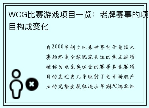 WCG比赛游戏项目一览：老牌赛事的项目构成变化