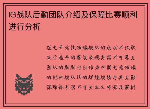 IG战队后勤团队介绍及保障比赛顺利进行分析